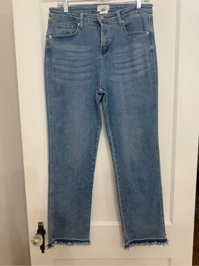 Mud Pie High Rise Cropped Jeans with Frayed Fringe Hem – Medium Wash large